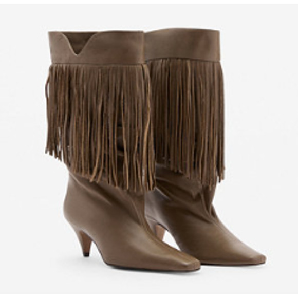 MNG by Mango Shoes - NEW MNG Mango 39 Taupe Gray Fringe Pull On Leather Boot Glam Boho Western